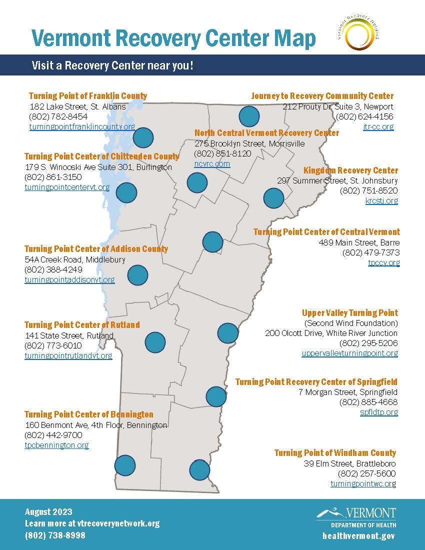 map showing locations of recovery centers in Vermont