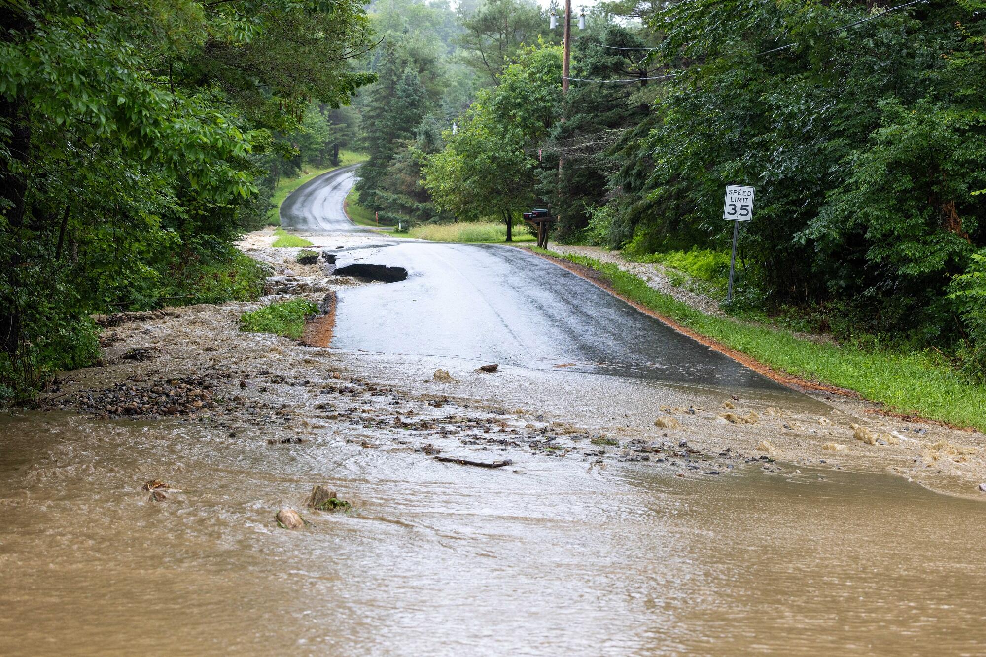 A flooded road in Windham, Vermont.