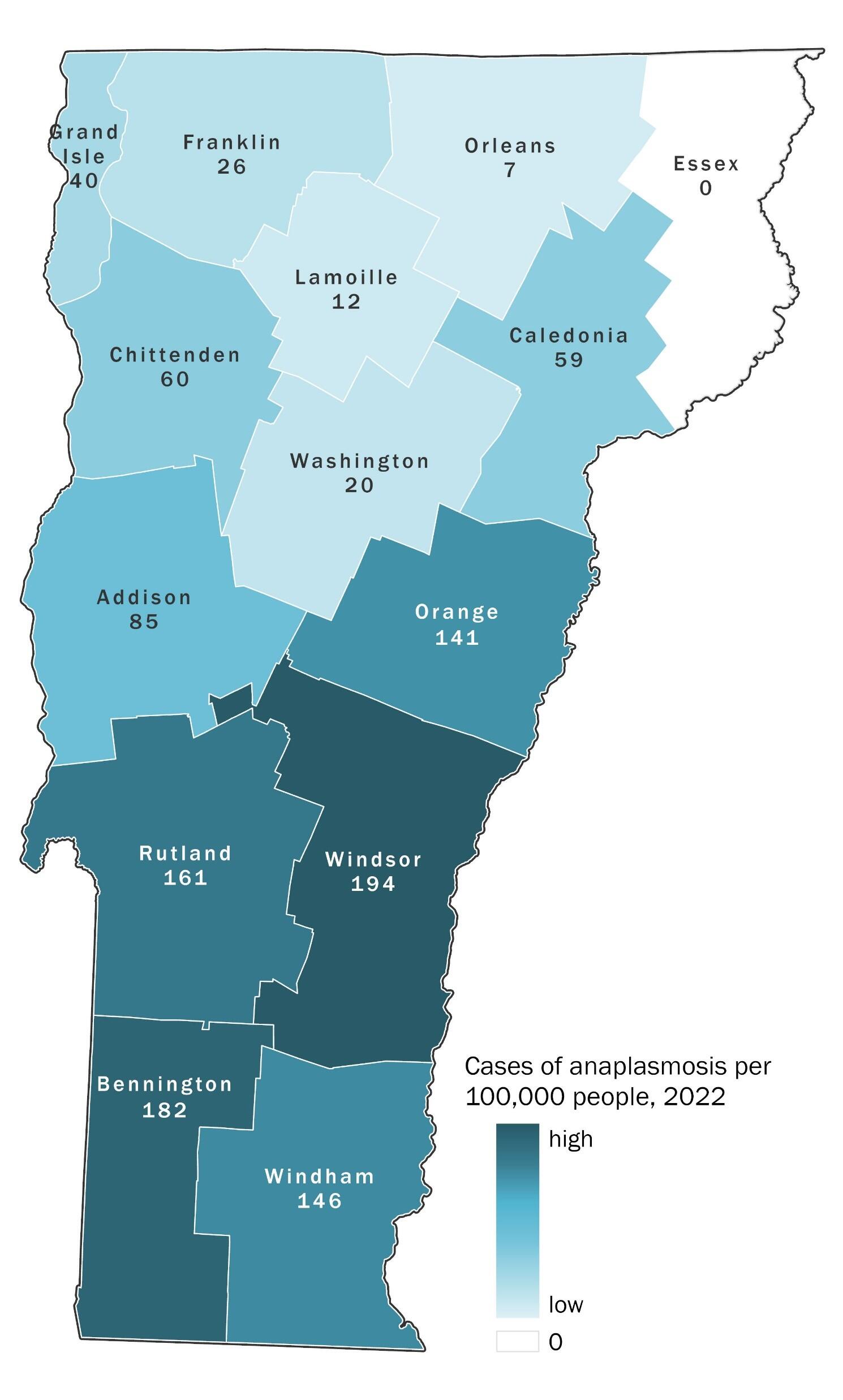 Map of Vermont by county, shaded dark to light blue to display the cases of anaplasmosis per 100,000 people in 2022. Windsor County had the highest number of cases 