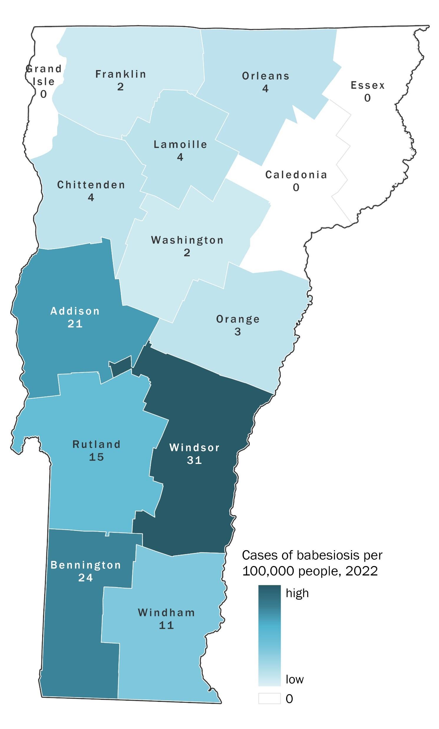 Map of Vermont by county, shaded from dark to light blue to reflect the number of cases of babesiosis per 100,000 people in 2022. Windsor County had the highest number of cases at n=31