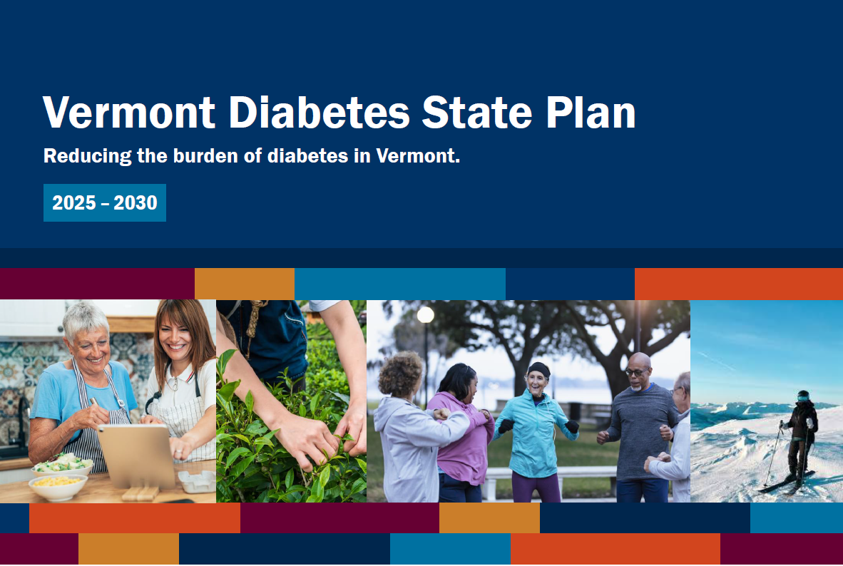 Cover image has four small photos of people engaging in activities including cooking, growing vegetables, exercising in a group and skiing.