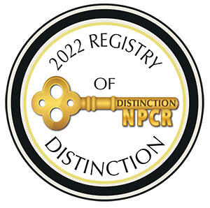 Seal of distinction with a old-fashioned gold key in the middle and text "2022 Registry of Distinction" around the key