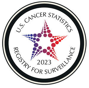 Seal with star in the middle made of red and purple dots. Text around the star read "U.S. Cancer Statistics 2023 Registry for Surveillance"