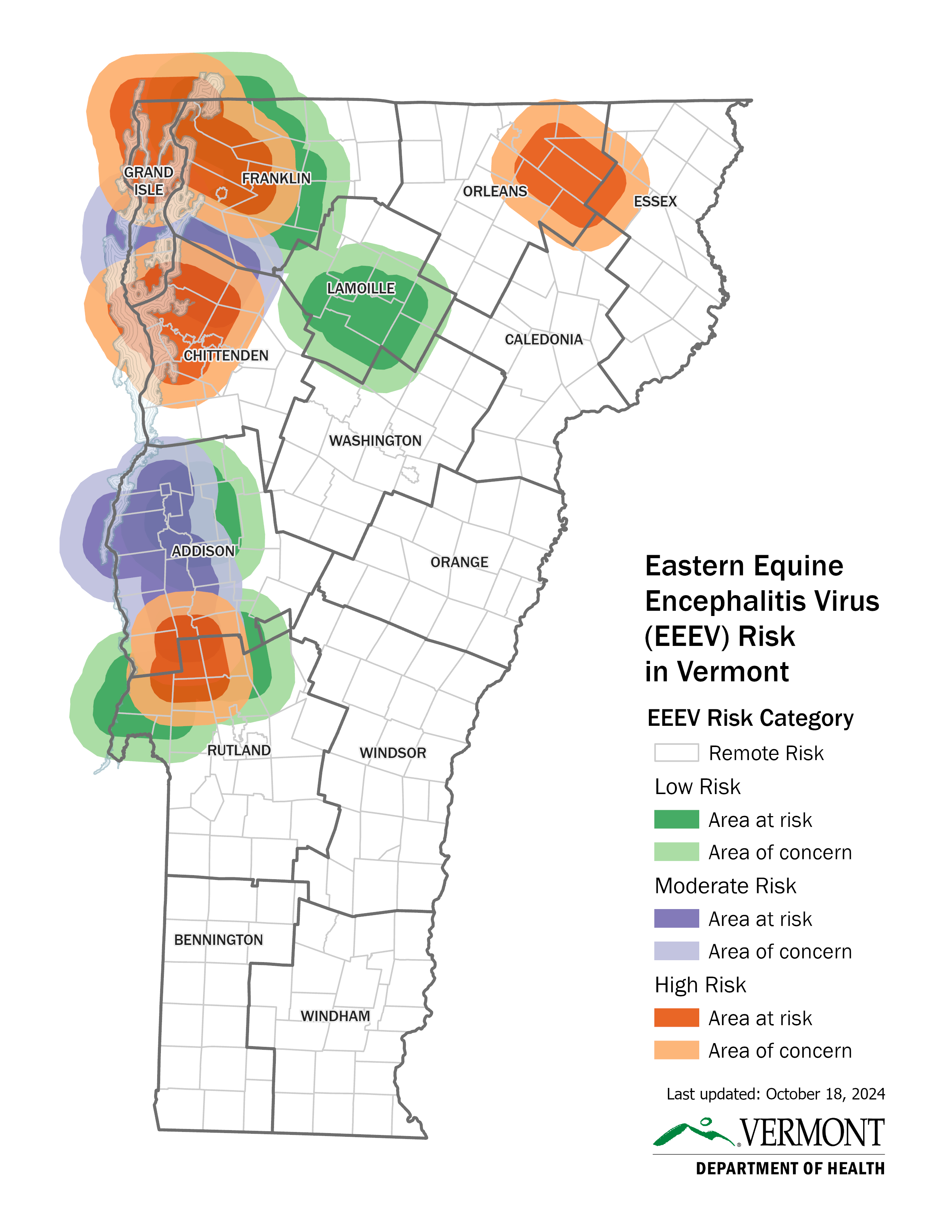 a map of Vermont by county indicating high, moderate, or low risk for EEE virus