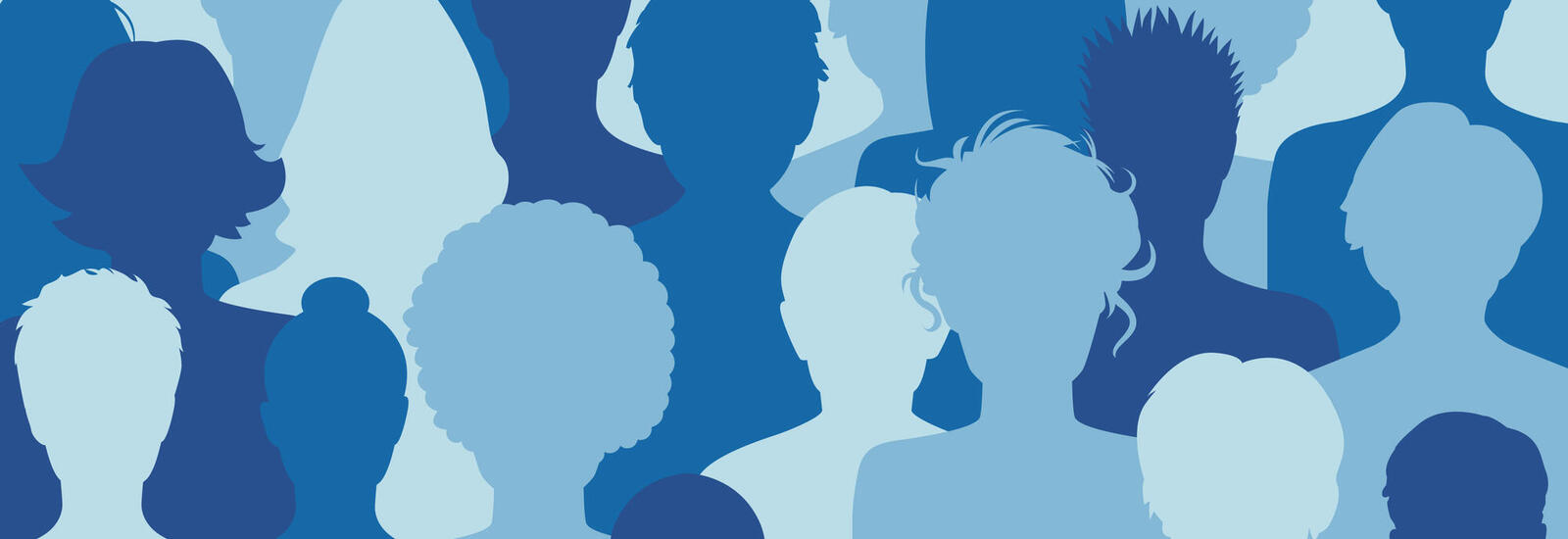 Blue outline drawing of a group of women.