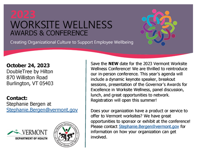 A graphic that gives details of the 2023 worksite wellness conference